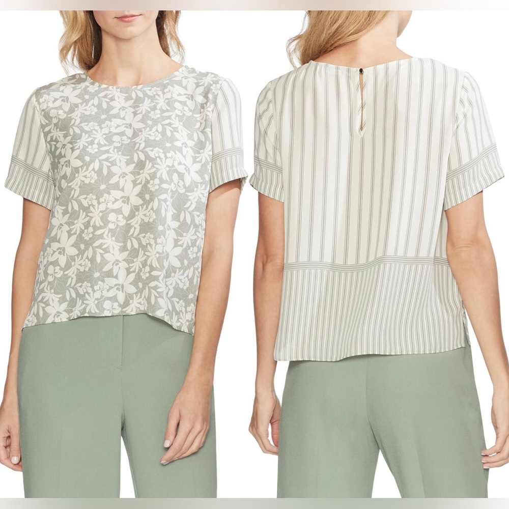 Vince Camuto White and Gray Floral Stripe Blouse